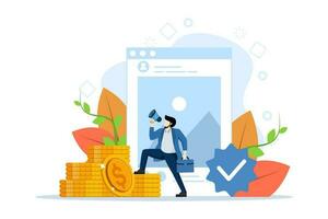 concepto de Blog monetización, ganar dinero en Internet, en línea ingreso. hombres hacer dinero en línea en social medios de comunicación. bloggers monetizar blogs y compartir publicaciones plano vector ilustración en un blanco antecedentes.