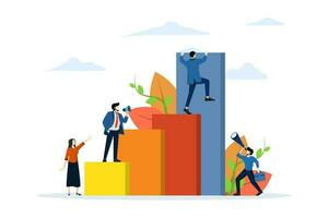 business motivation and ambition concept, business team overcoming obstacles and achieving success, overcoming problems in business, crossing boundaries. Flat vector illustration on a white background