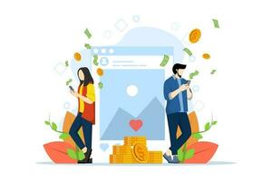 hombres y mujer hacer dinero en línea en social medios de comunicación. blogger exitosamente monetiza Blog. concepto de Blog monetización, ganar dinero en Internet, en línea ingreso. vector ilustración en plano forma.