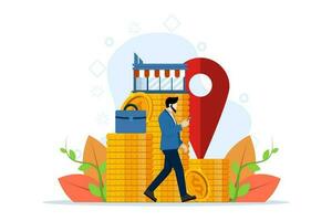 Business industry concept, franchising, bizopp, distribution. Businessman standing with mobile phone and buying franchise remotely. Buying a finished business. Flat vector illustration on background.