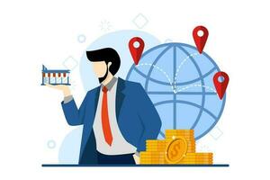 Business industry concept, franchising, bizopp, distribution. Businessman with shop in hand and buying franchise remotely. Buying a completed business. Flat vector illustration in background.