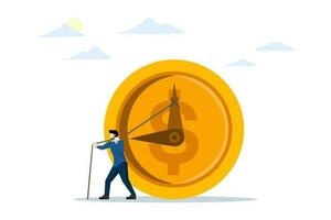 the concept of time is money. Lack of time or running out of time. short term and long term investment. Businessman trying to stop time to collect money. flat vector illustration on a white background