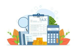 concept of State Government Tax Forms with Accounting and Payment Forms, Calendar, Audit, Calculator or Analysis, financial document, flat vector illustration on a white background.