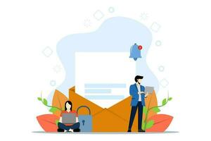 Data protection concept. business character with email, key and shield. Insurance, from business risk. can be used for landing pages, apps, posters, banners. Vector illustration on a white background.