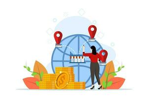 Business industry concept, franchising, bizopp, distribution. Businesswoman standing with pen and buying franchise remotely. Buying a finished business. Flat vector illustration in background.