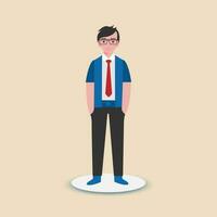 A student standing  confidently wearing tie, shirt, pant and eye glass.Vector illustration.Flat design. vector