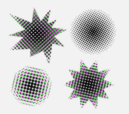 Halftone effect design elements. Black halftone effects shapes. Set of dotted circles and stars.