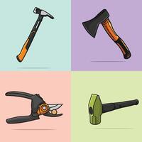 Carpenter Hammer, Ax Hammer, Hammer and Cable Cutter working elements collection vector illustration. Gardening and Construction working tools object icon concept. Forest wood cutting hammer vector.