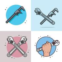 Collection of Adjustable wrench and Pipe Wrench tool vector illustration. Mechanic and Plumber working tool equipment icon concept. Set of Working tool in cross sign vector design.