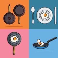 conjunto de desayuno comida equipo vector ilustración. desayuno comida icono concepto. vacío freír cacerola, frito huevo en plato y Cocinando huevo en freír cacerola, desayuno colección vector diseño.