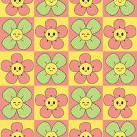 Seamless checkered pattern with cute smiling flowers. Vector graphics.