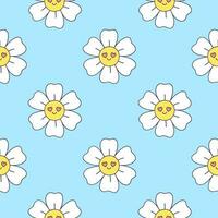 Cute blue seamless pattern with smiling flowers. Vector graphics.