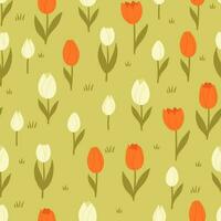 Seamless pattern with orange and white tulips. Vector graphics.