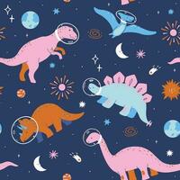 Seamless pattern with cute dinosaurs in space. Vector graphics.