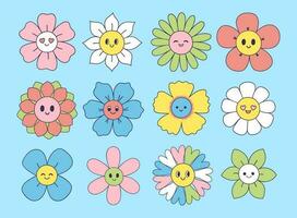 Collection of cute smiling flowers in different shapes and colors. Vector graphics.