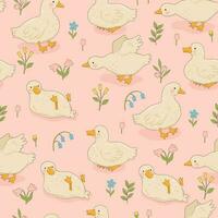 Pattern with cute white ducks and flowers. Vector graphics.