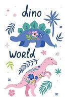 Poster with cute dinosaurs, leaves and flowers. Vector graphics.