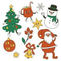 Set of cute christmas characters in groovy style. Vector graphics.