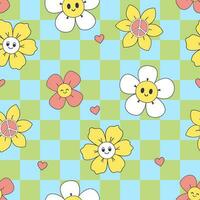 Checkered seamless pattern with cute smiling flowers and hearts. Vector graphics.