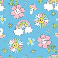 Seamless pattern with cute smiling flowers, mushrooms and rainbows. Vector graphics.