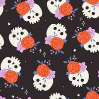 Seamless pattern with cute skulls and flowers. Vector graphics.