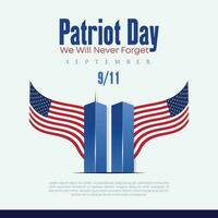 recordando septiembre 9 9 11 patriota día. septiembre 11 Nunca olvidar Estados Unidos 9 9 11 gemelo torres en americano bandera. mundo comercio centrar nueve once. vector diseño modelo con rojo, blanco y azul colores