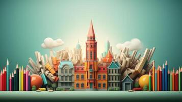 Back to school creative banner. Rocket ship launch made with pencils. Online learning digital education concept. photo