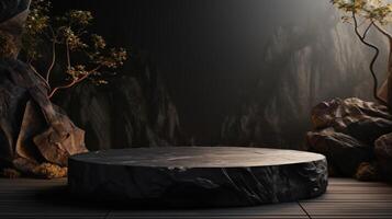 Podium showcase made of natural stone for advertising and product presentation organic cosmetic or food. Natural display product with Black rocks and mountains background. photo