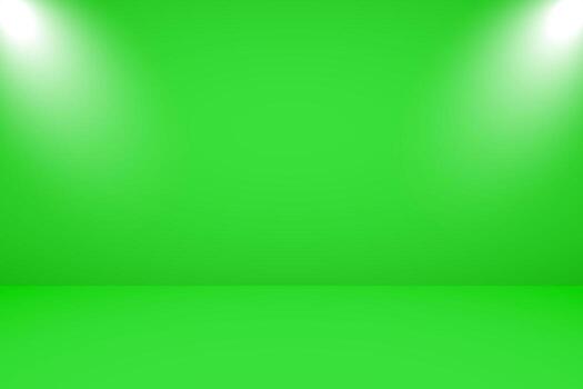 Vector illustration of empty studio with lighting and green background for product display