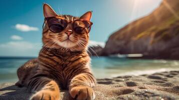 Cat wearing Sunglasses sitting on the Beach photo