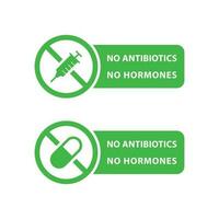 No antibiotics food label stamp, hormones free farm grown chicken and beef or pork meat vector logo. Natural healthy antibiotics free products certificate seal