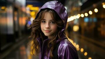 A cute girl in a purple rain coat AI Generated photo