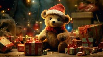 Teddy Bear and Christmas Gift Box AI Generated photo