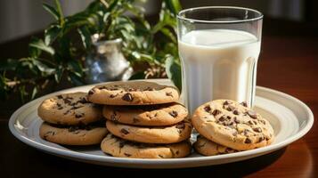 Cookies in plate and glass of milk AI Generated photo