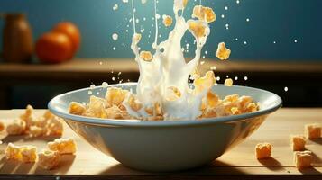 A bowl of milk with cereal falling into it AI Generated photo