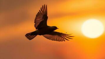 pájaro volador en puesta de sol cielo ai generado foto