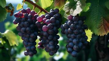 negro uvas colgando en un vino ai generado foto