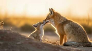 Adult and little Fox interacting AI Generated photo