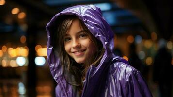 A cute girl in a purple rain coat AI Generated photo