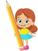 Young girl holding a big pencil. Vector illustration