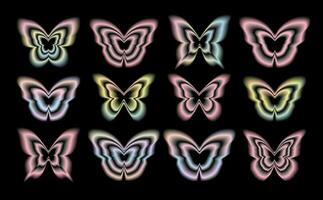 Stickers with a blurred Y2K effect. Butterfly shapes in trendy retro style. Vector illustration