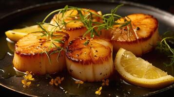 Pan seared diver scallops with lemon photo