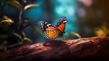 vistoso mariposa en un árbol rama ai generado foto