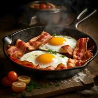 Bacon and Eggs in a Pan AI Generated photo