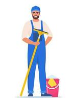Cleaning service man character in uniform with glass cleaning scraper. Worker of cleaning service. Vector illustration.