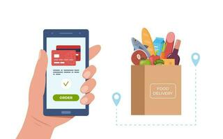 Online food ordering from supermarket using mobile app. Smartphone screen with order button and paper bag icon full of products. Online store concept for infographics, web design. Vector illustration.