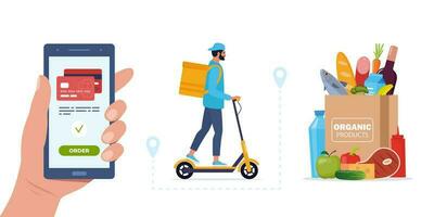 Online food ordering and food delivery. Smartphone screen with order button and paper bag icon full of products. Courier riding electric scooter with product box. Vector illustration.