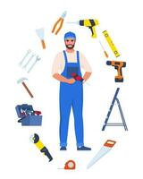 Repairman or mechanic and collection of tools. Man character in uniform with set of professional instruments. Vector illustration.