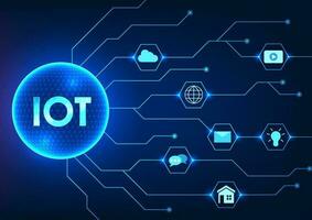 Internet de cosas tecnología con letras iot en un tecnología circulo con un circuito tablero conectado a el icono. se refiere a un integrado red de interconectado dispositivos y comunicación tecnología vector