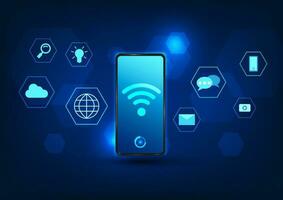 WiFi technology Smartphones have a Wi-Fi icon in the center along with a communication icon. Refers to the technology of tethering Internet signals to electronic devices to access cyber data. vector